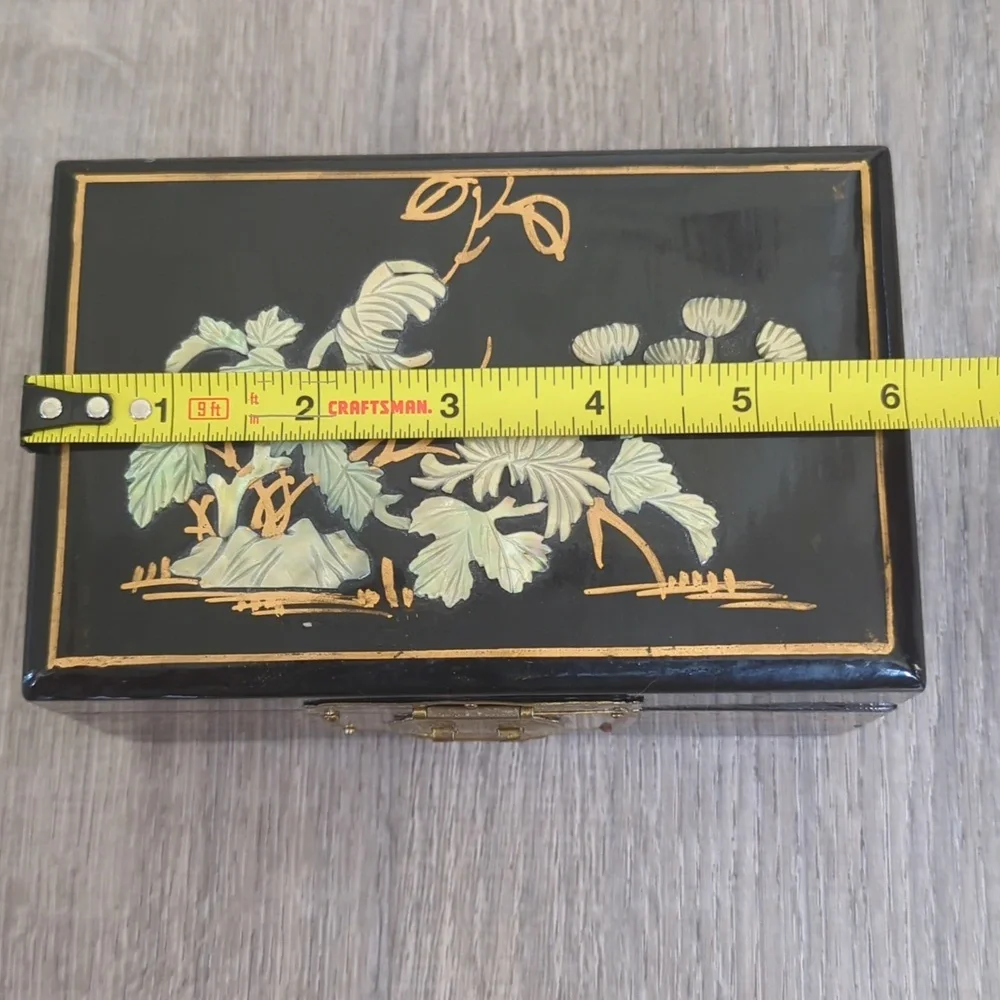 Vintage Chinese Black Lacquer Hand Painted Mother-of-Pearl Inlay Jewelry Box